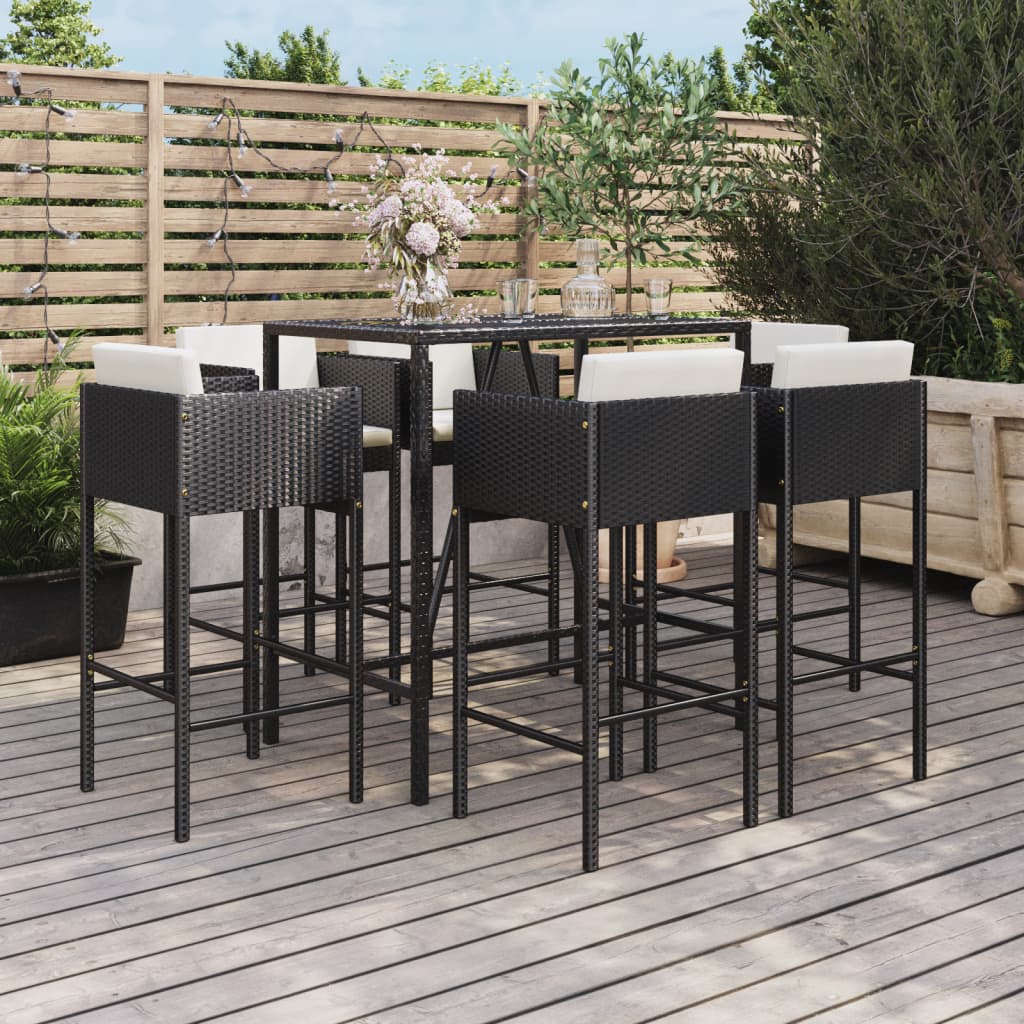 Ensemble de bar de jardin 7 pcs avec coussins noir poly rotin