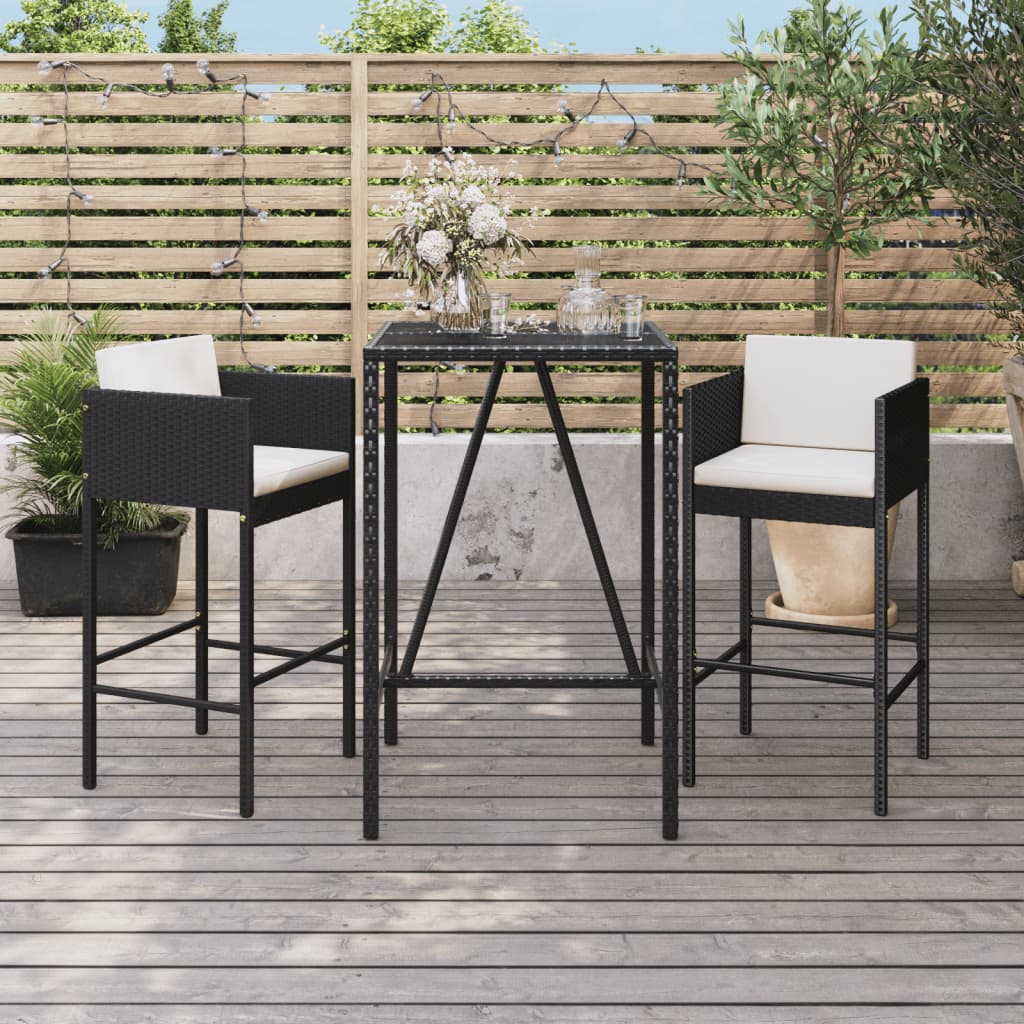 vidaXL 3-tlg. Gartenbar-Set mit Kissen Schwarz Poly Rattan