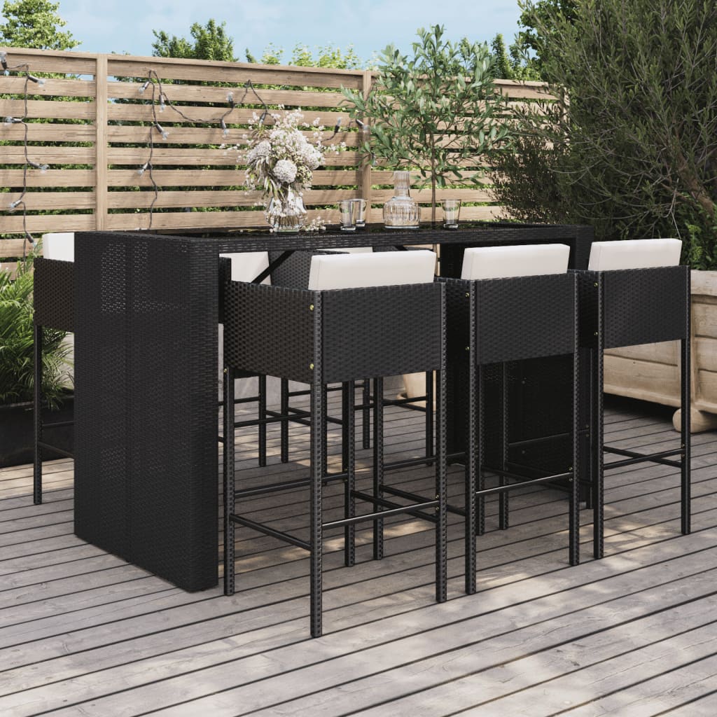 Ensemble de bar de jardin 7 pcs avec coussins noir poly rotin