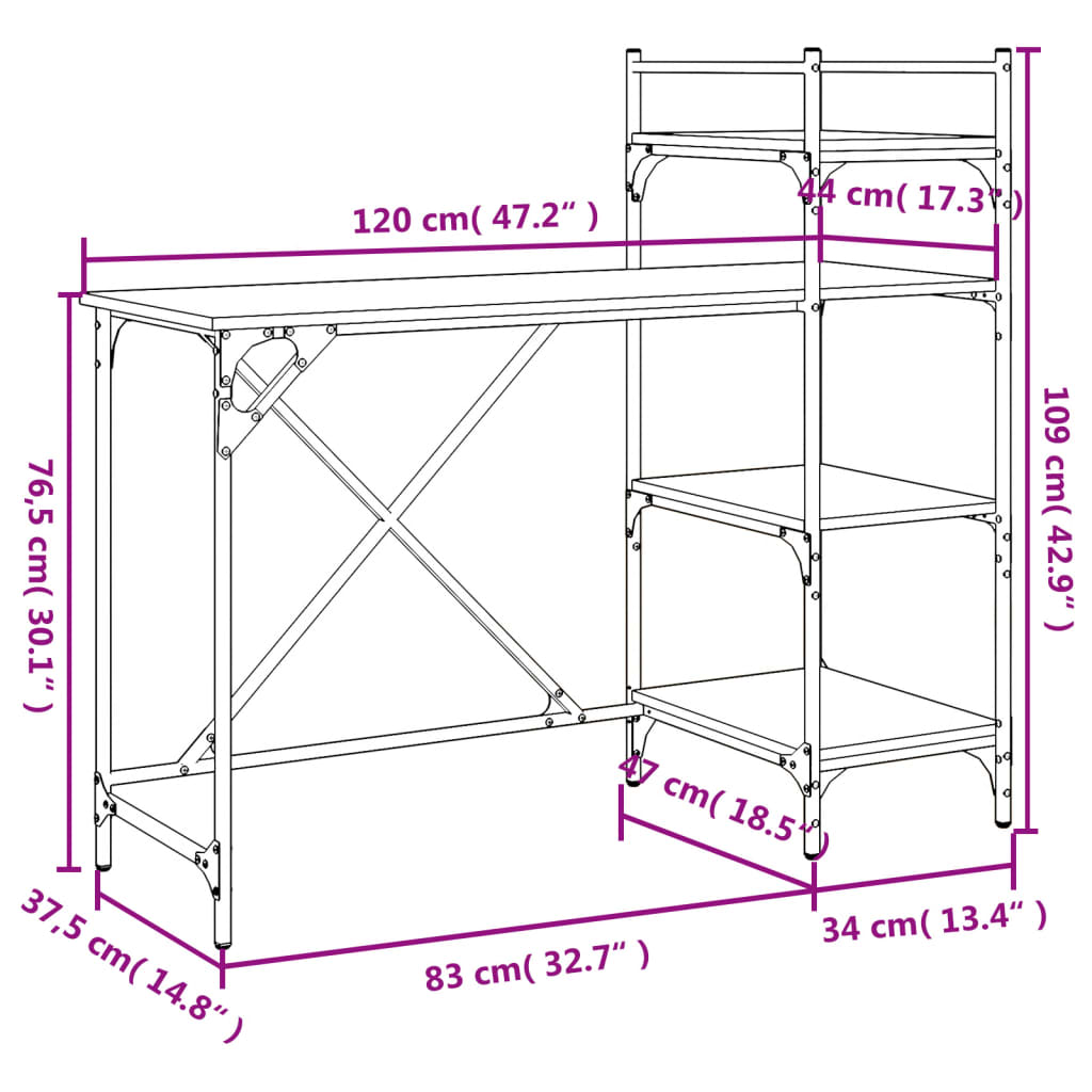 imagem de vidaXL Secretária de computador com prateleiras 120x47x109 cm preto10