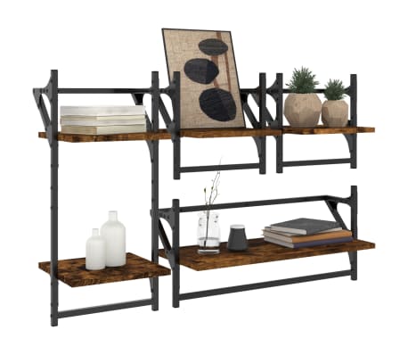 vidaXL Set rafturi de perete cu bare, 4 buc., stejar fumuriu, lemn