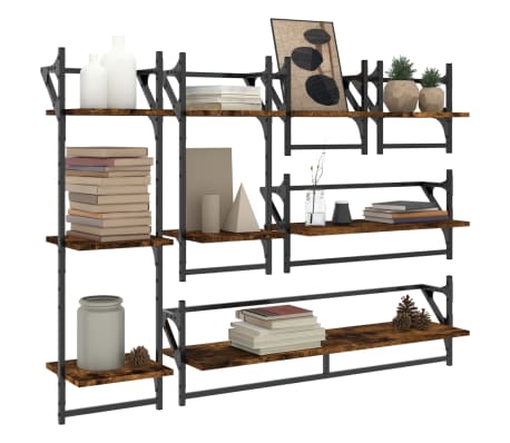 vidaXL 6-tlg. Wandregal-Set mit Stangen R&auml;uchereiche Holzwerkstoff