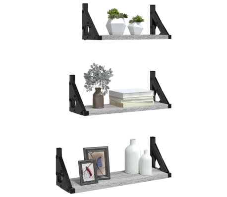vidaXL Set rafturi de perete, 3 buc, gri sonoma, lemn prelucrat