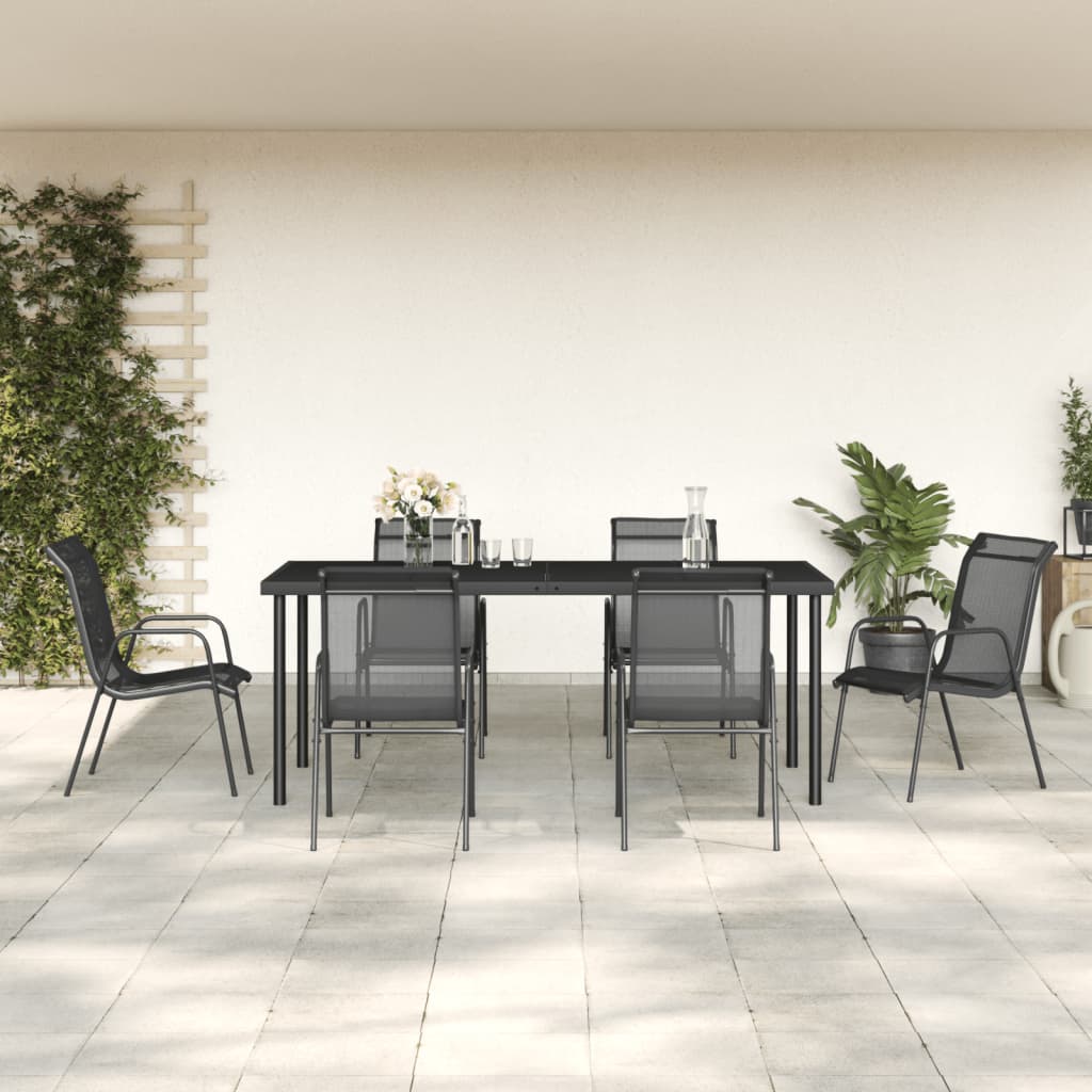 vidaXL Set mobilier de grădină, 7 piese, negru, oțel și textilenă