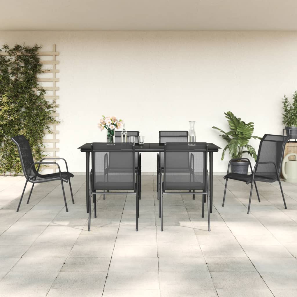 vidaXL Set mobilier de grădină, 7 piese, negru, oțel și textilenă