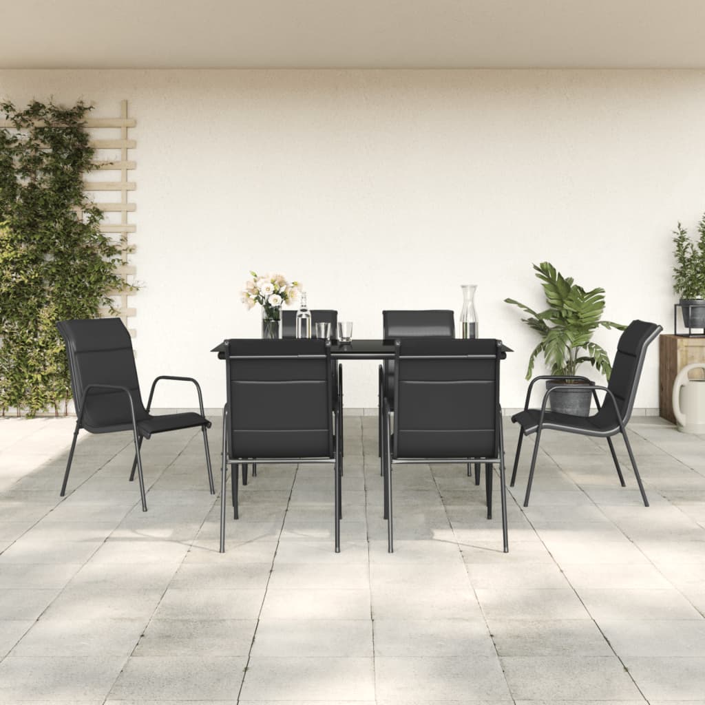 vidaXL Set mobilier de grădină, 7 piese, negru, oțel și textilenă