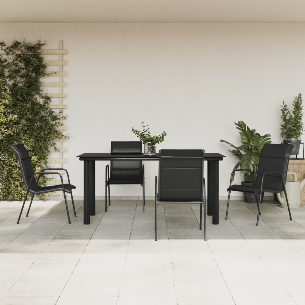 Zestaw mebli ogrodowych, czarny, stal malowana proszkowo, szkło hartowane, textilene, 160x80x74 cm, 4 krzesła