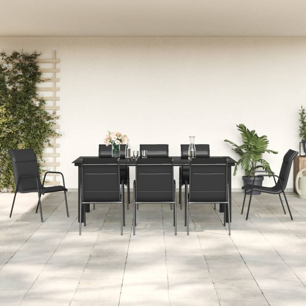 vidaXL Set mobilier de grădină, 9 piese, negru, oțel și textilenă