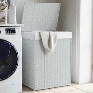 Košara za perilo s pokrovom bela 46x33x60 cm poli ratan