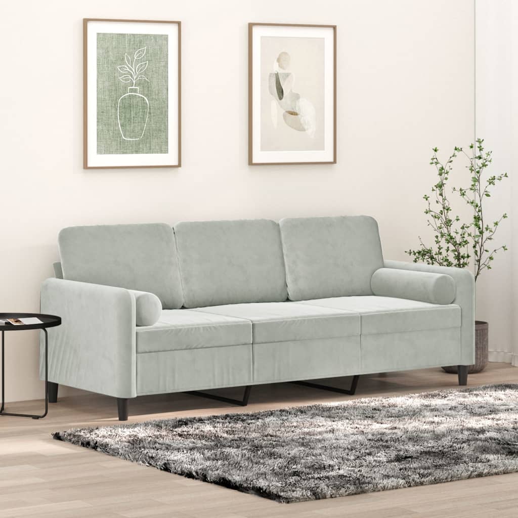 vidaXL Driezitsbank met sierkussens 180 cm fluweel lichtgrijs grijs