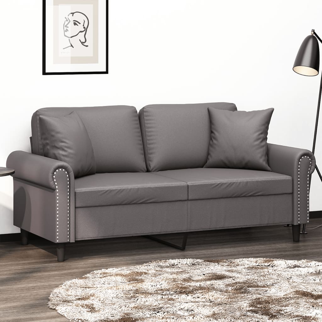 vidaXL Sofá 2 lugares + almofadas decorativas 140cm couro artif. cinza