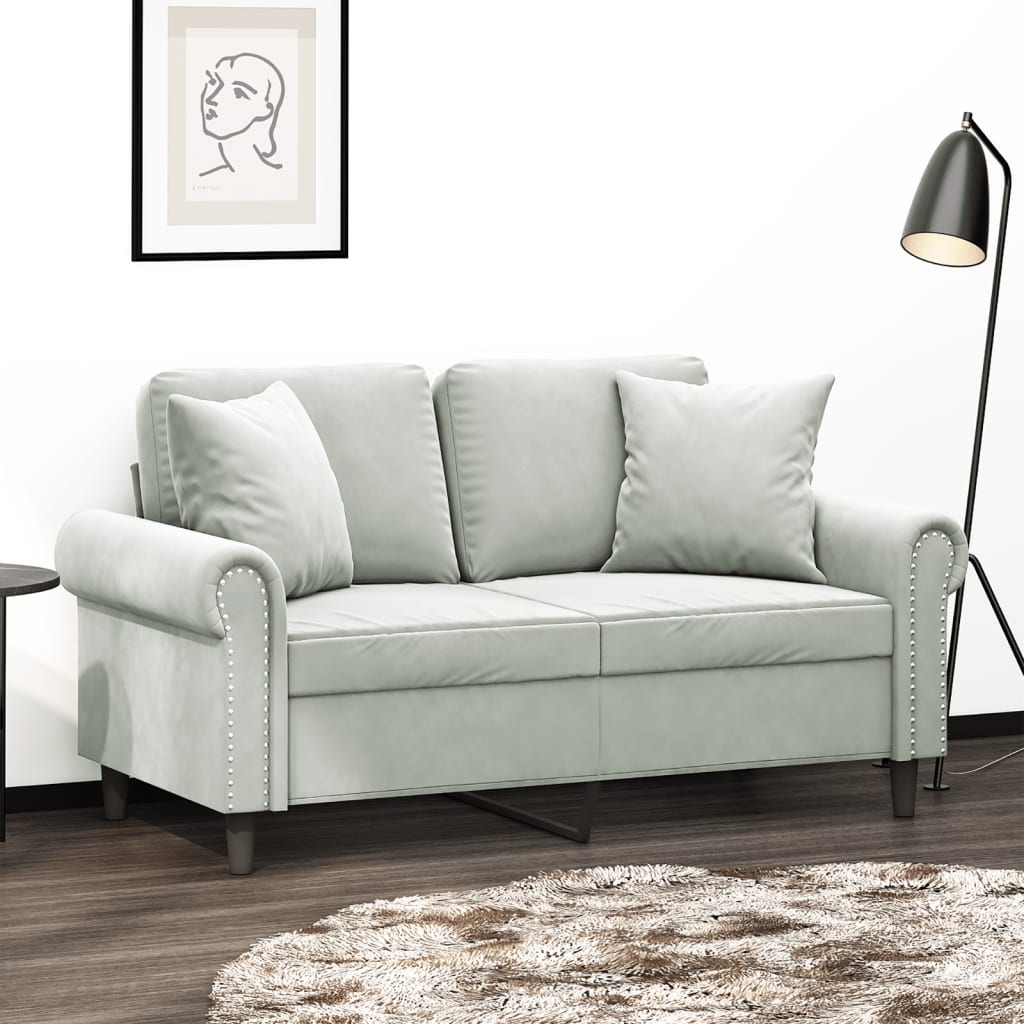vidaXL 2-personers sofa med pyntepuder 120 cm velour lysegrå
