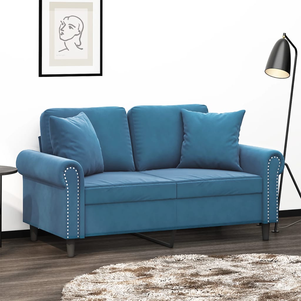 2-Sitzer-Sofa mit Zierkissen Blau 120 cm Samt