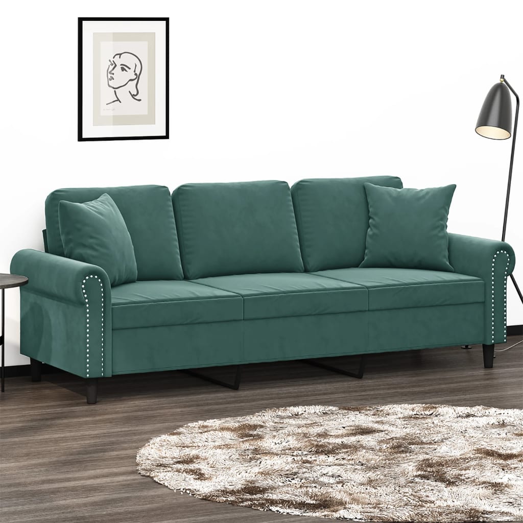 vidaXL 3-Sitzer-Sofa mit Zierkissen Dunkelgrün 180 cm Samt