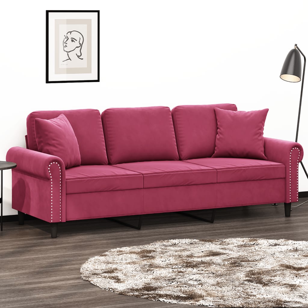 vidaXL 3-Sitzer-Sofa mit Zierkissen Weinrot 180 cm Samt