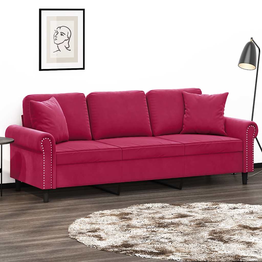 Thumbnail - vidaXL 3-Sitzer-Sofa mit Zierkissen Weinrot 180 cm Samt