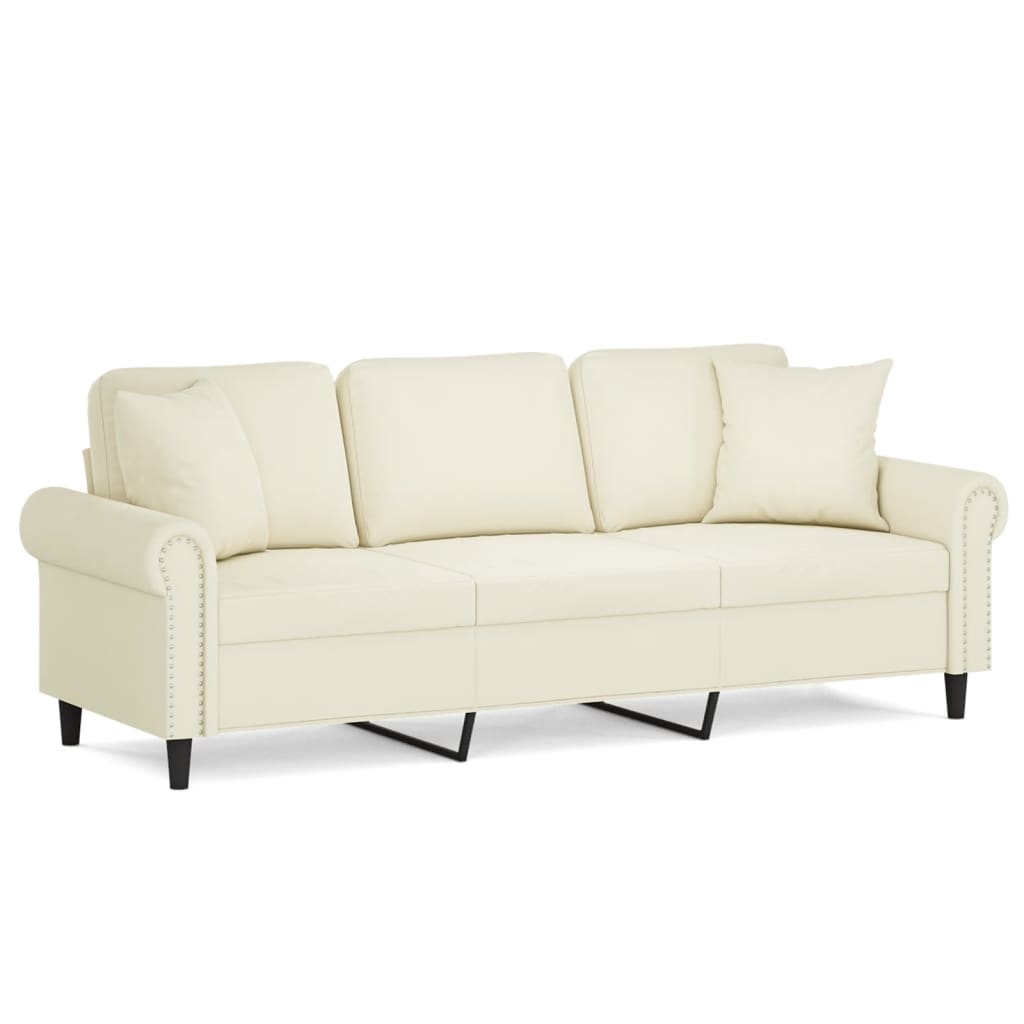 vidaXL Driezitsbank met sierkussens 180 cm fluweel crèmekleurig, foto 3
