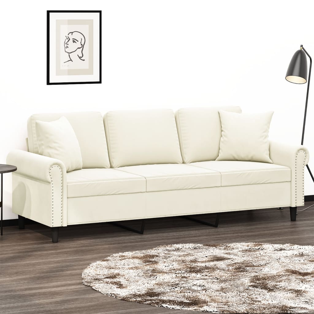 vidaXL 3-personers sofa med pyntepuder 180 cm velour cremefarvet