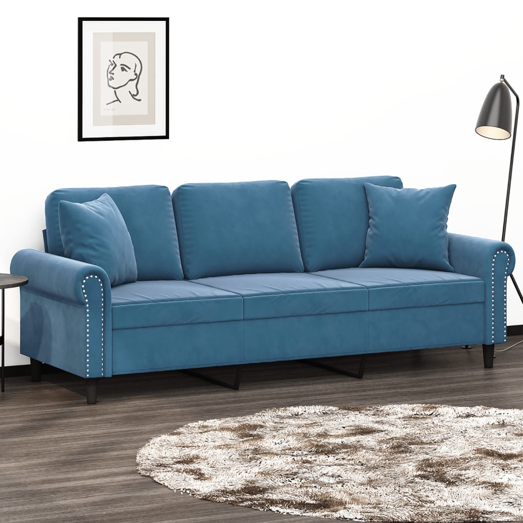 vidaXL 3-Sitzer-Sofa mit Zierkissen Blau 180 cm Samt