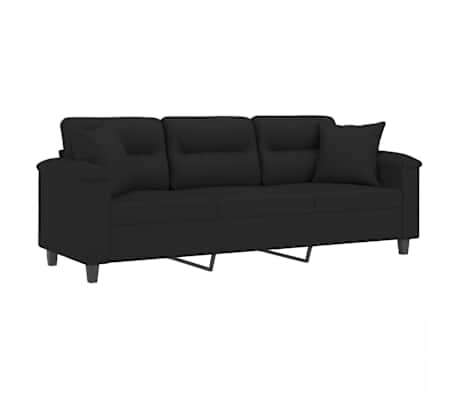 vidaXL Driezitsbank met kussens 180 cm microvezelstof zwart