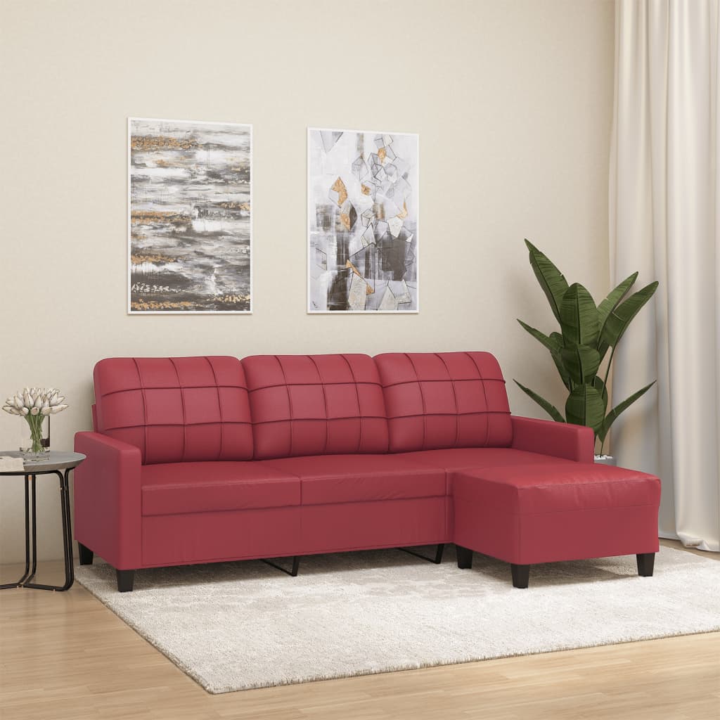 vidaXL 3-Sitzer-Sofa mit Hocker Weinrot 180 cm Kunstleder