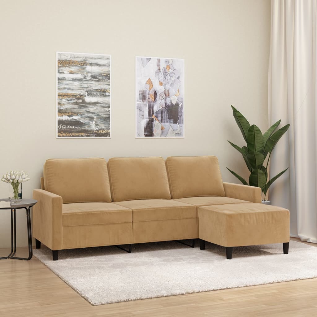vidaXL Canapea cu 3 locuri și taburet, maro, 180 cm, catifea