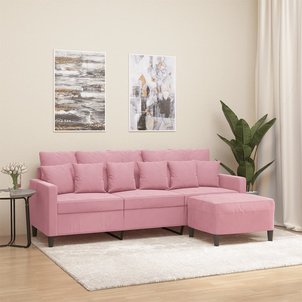 vidaXL Canapea cu 3 locuri și taburet, roz, 180 cm, catifea