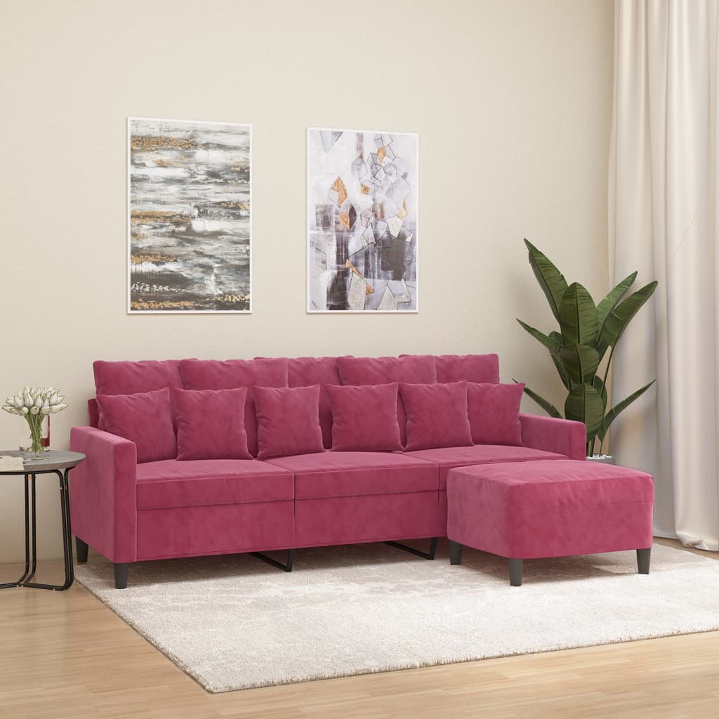 vidaXL 3-Sitzer-Sofa mit Hocker Weinrot 180 cm Samt