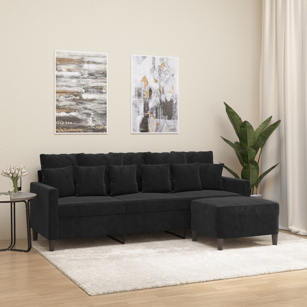 3-Sitzer-Sofa mit Hocker Schwarz 180 cm Samt