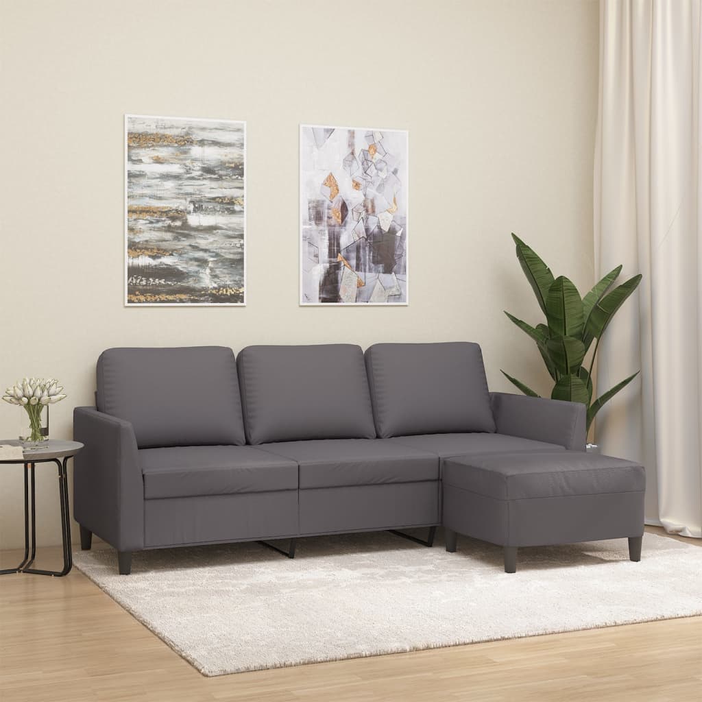 vidaXL 3-Sitzer-Sofa mit Hocker Grau 180 cm Kunstleder