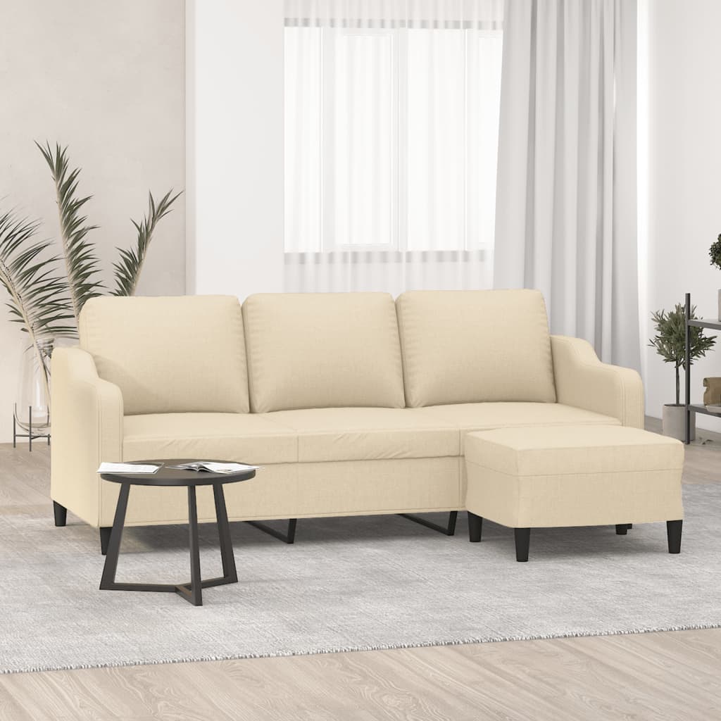vidaXL Canapea cu 3 locuri cu taburet, crem, 180 cm, material textil