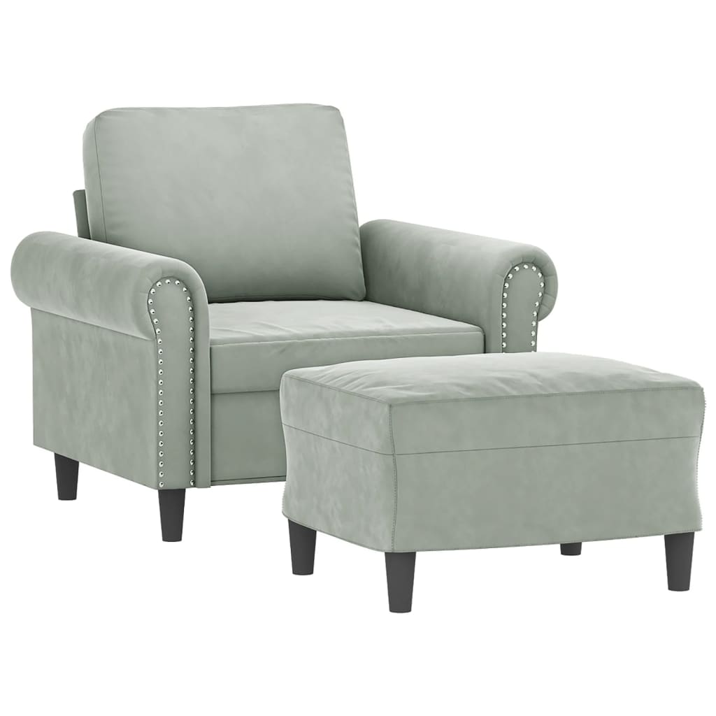 vidaXL Sillón con taburete terciopelo gris claro 60 cm