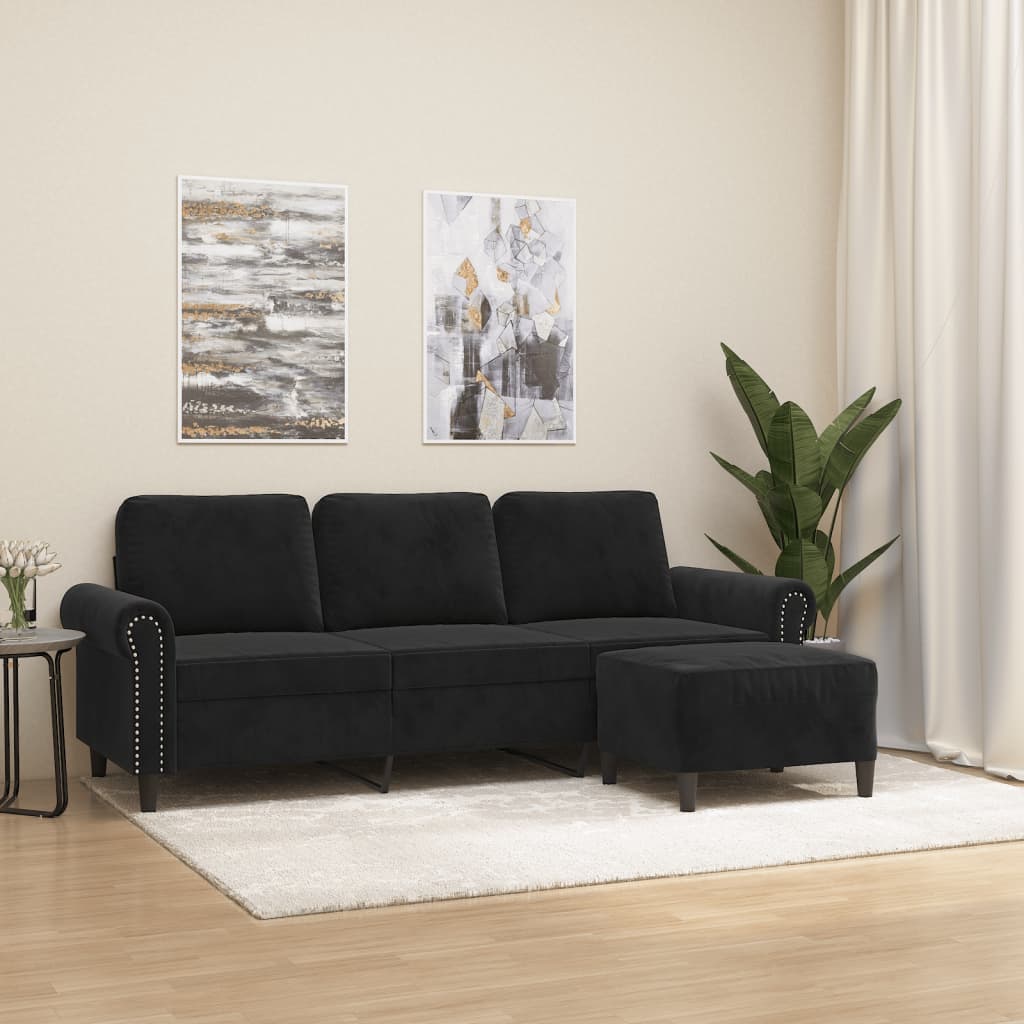 3-Sitzer-Sofa mit Hocker Schwarz 180 cm Samt