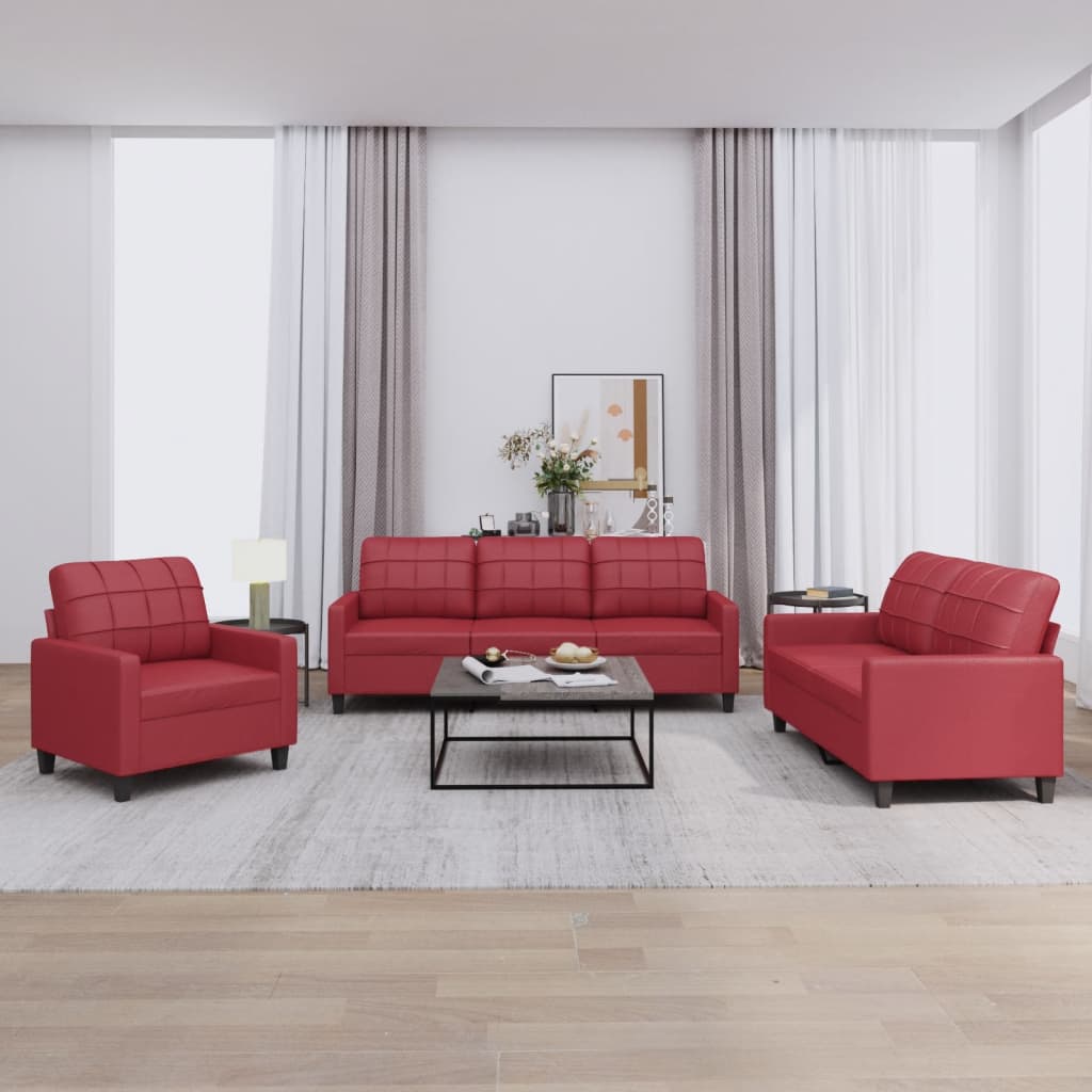 vidaXL Set de canapele cu perne, 3 piese, roșu vin, piele ecologică