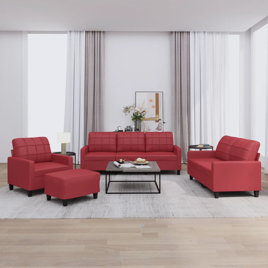 vidaXL Set de canapele cu perne, 4 piese, roșu vin, piele ecologică