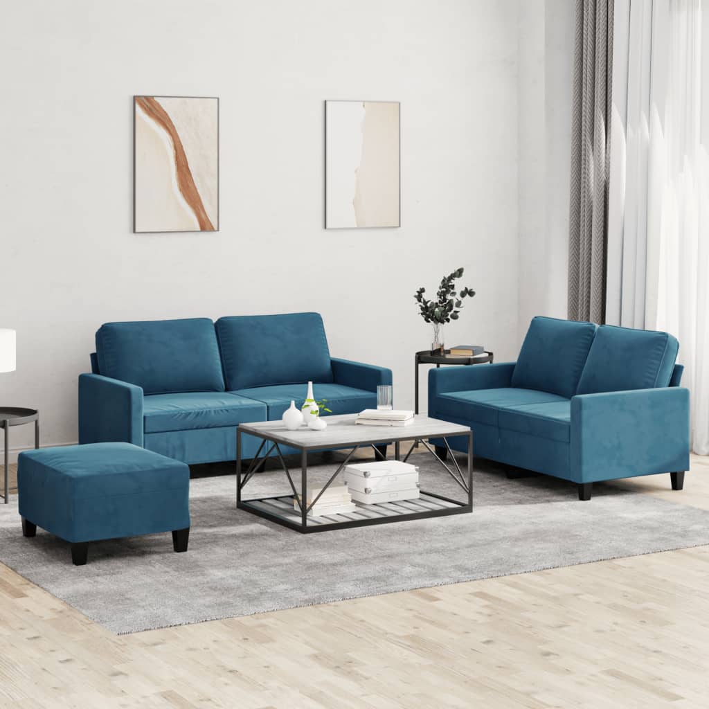 vidaXL Set de canapele cu perne, 3 piese, albastru, catifea