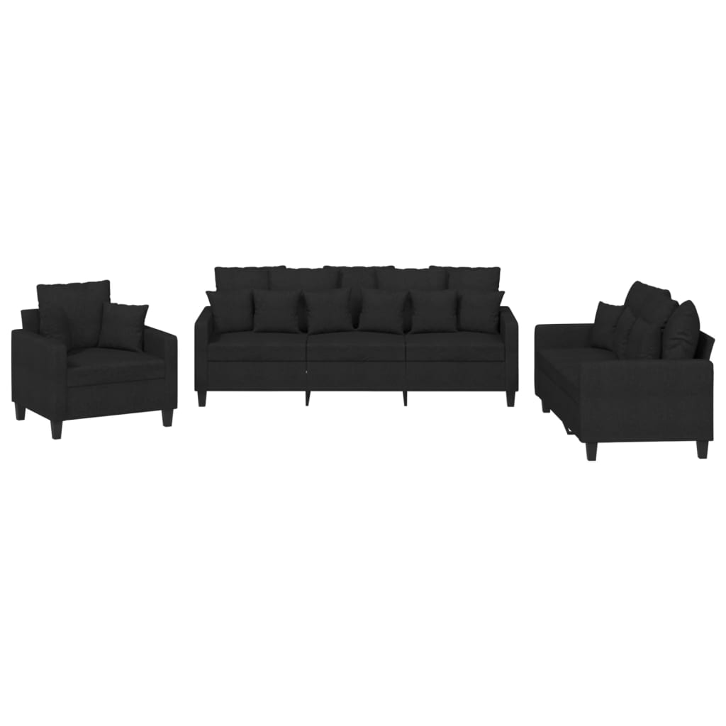 Image of vidaXL 3 Piece Sofa Set with Pillows Black Fabric