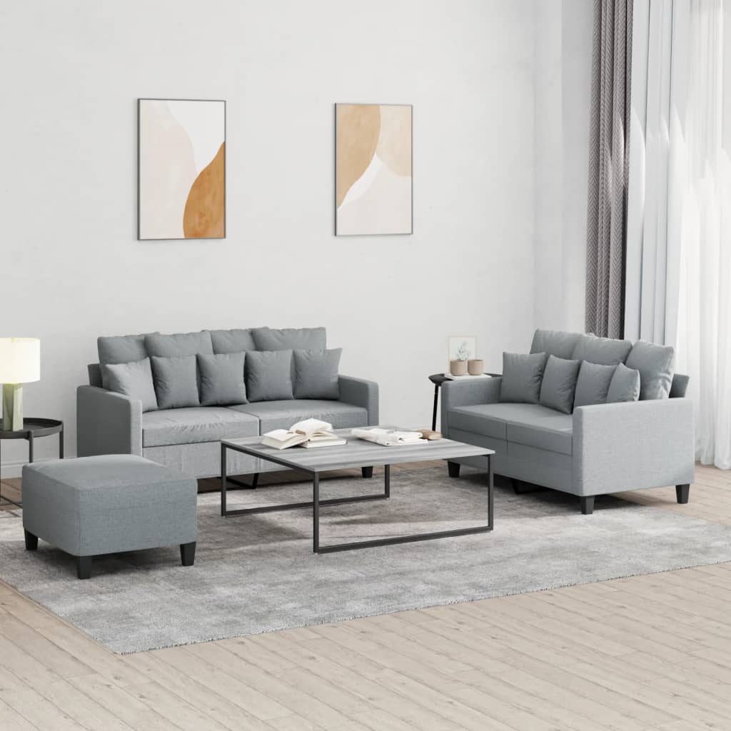 Sofasæt 3 dele med fodskammel og hynder - lysegrå
