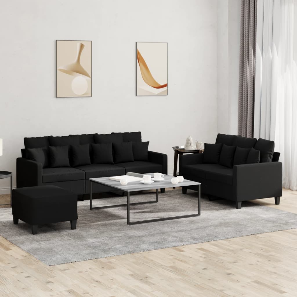 vidaXL Set de canapele cu perne, 3 piese, negru, textil