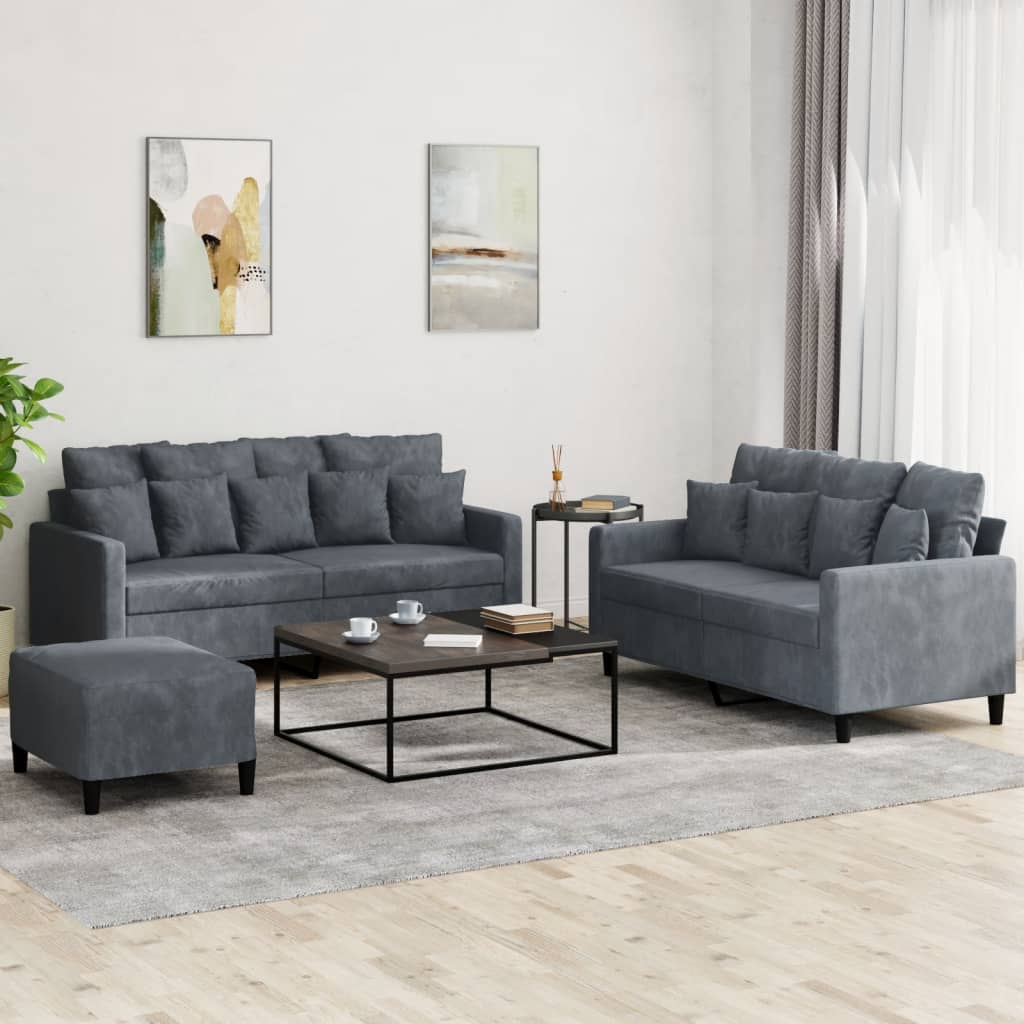 vidaXL Set de canapele cu perne, 3 piese, gri închis, catifea