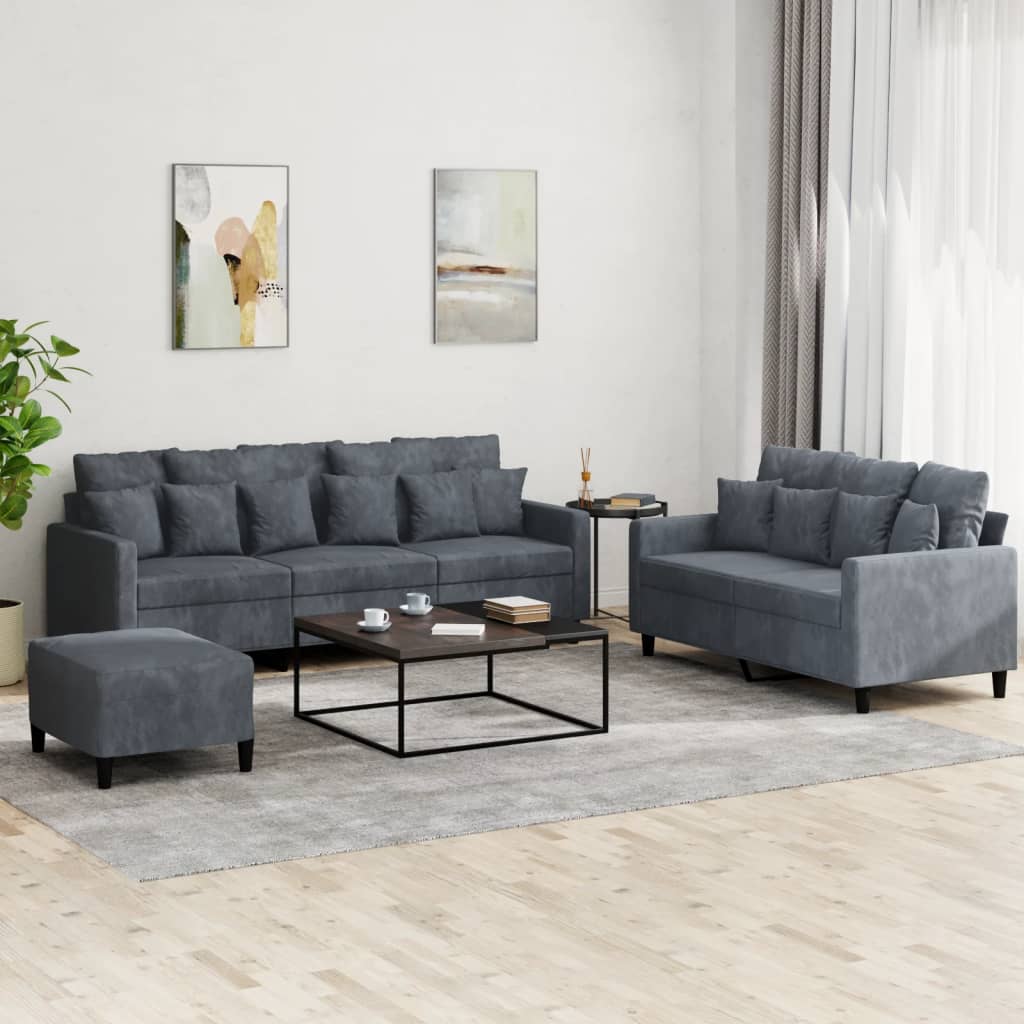 vidaXL Set de canapele cu perne, 3 piese, gri închis, catifea