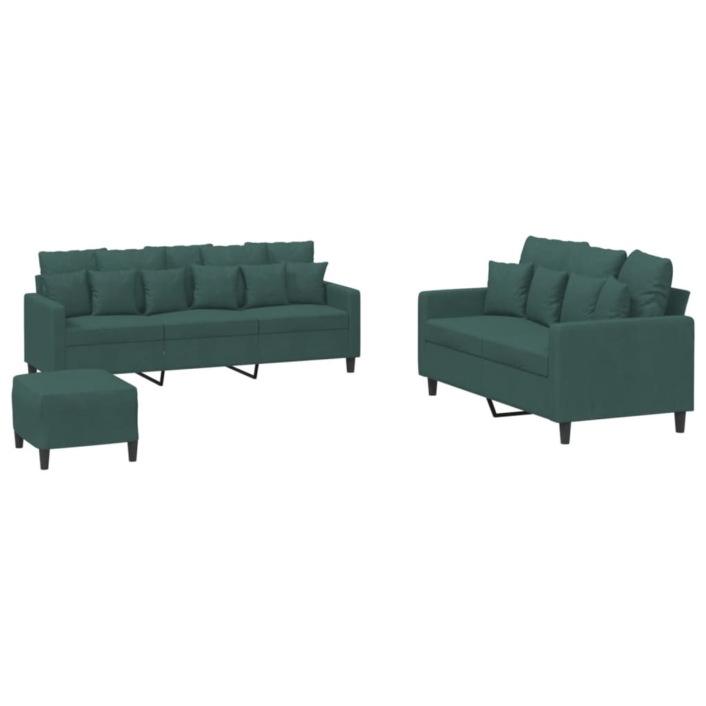 vidaXL Set de canapele cu perne, 3 piese, verde închis, catifea