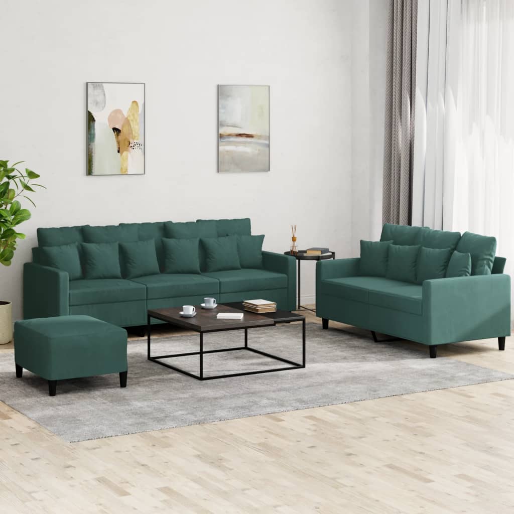 vidaXL sofasæt 3 dele med hynder velour mørkegrøn