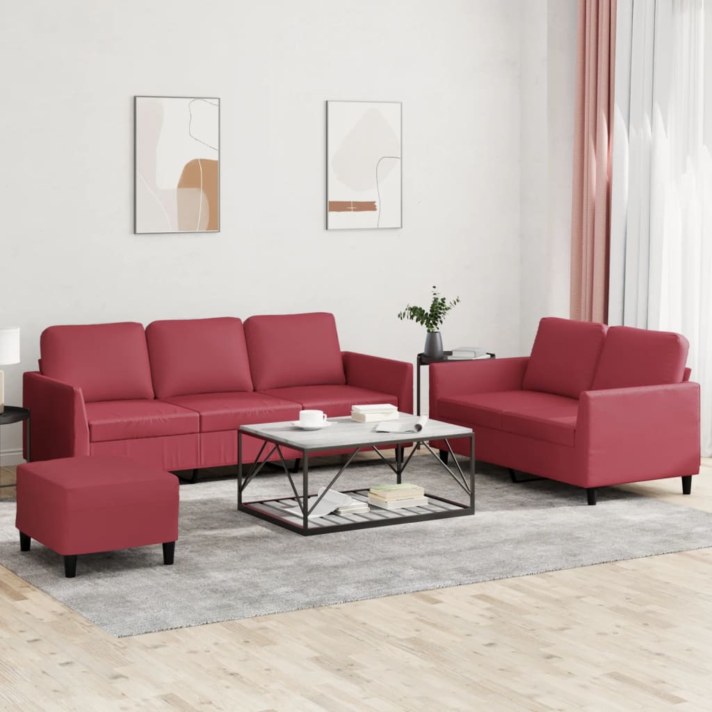 vidaXL Set de canapele cu perne, 3 piese, roșu vin, piele ecologică