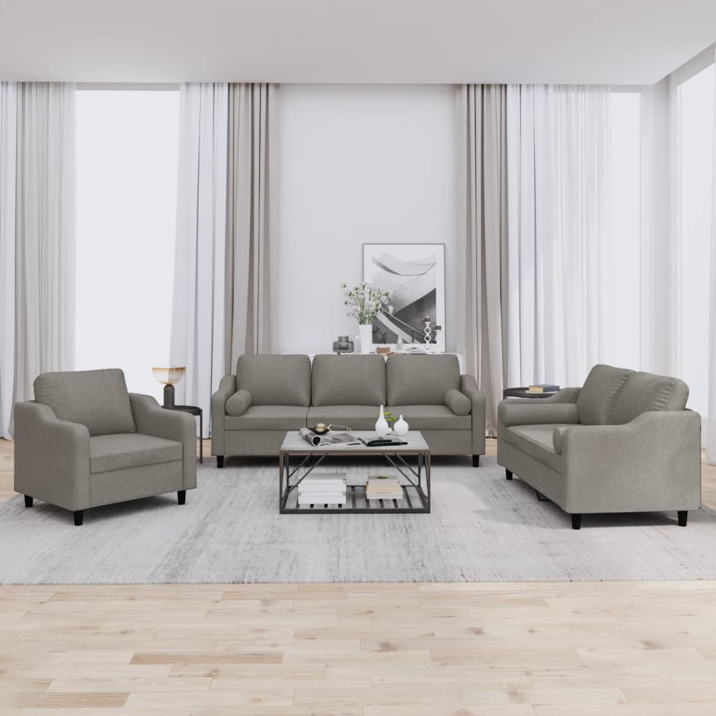 vidaXL 3 pcs conjunto de sofás com almofadas tecido cinza-acastanhado