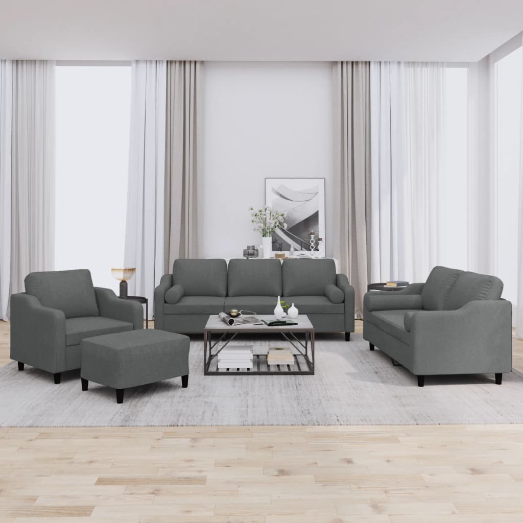 Sofasæt i 4 dele med fodskammel og puder - mørkegrå