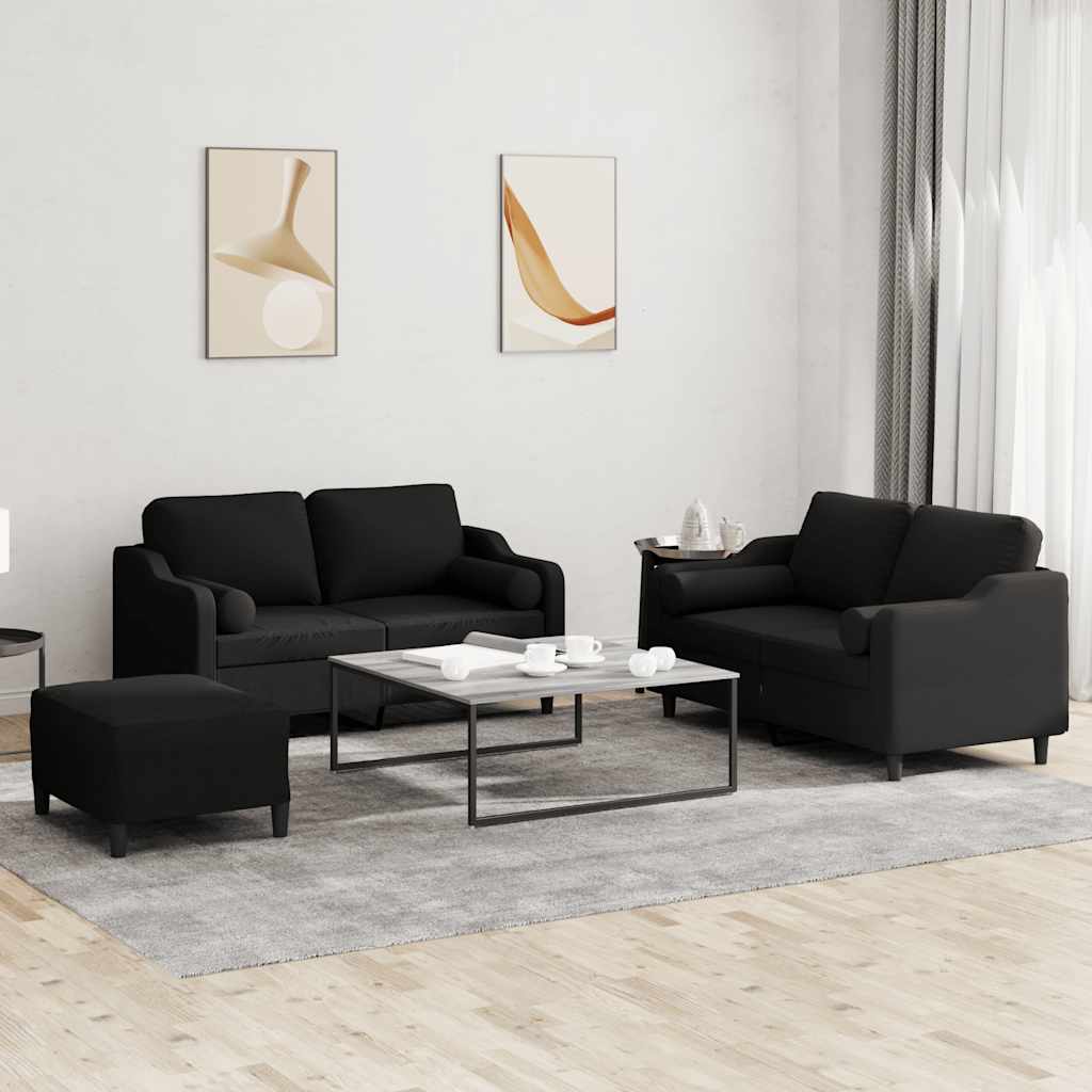 vidaXL Set de canapele cu perne, 3 piese, negru, textil