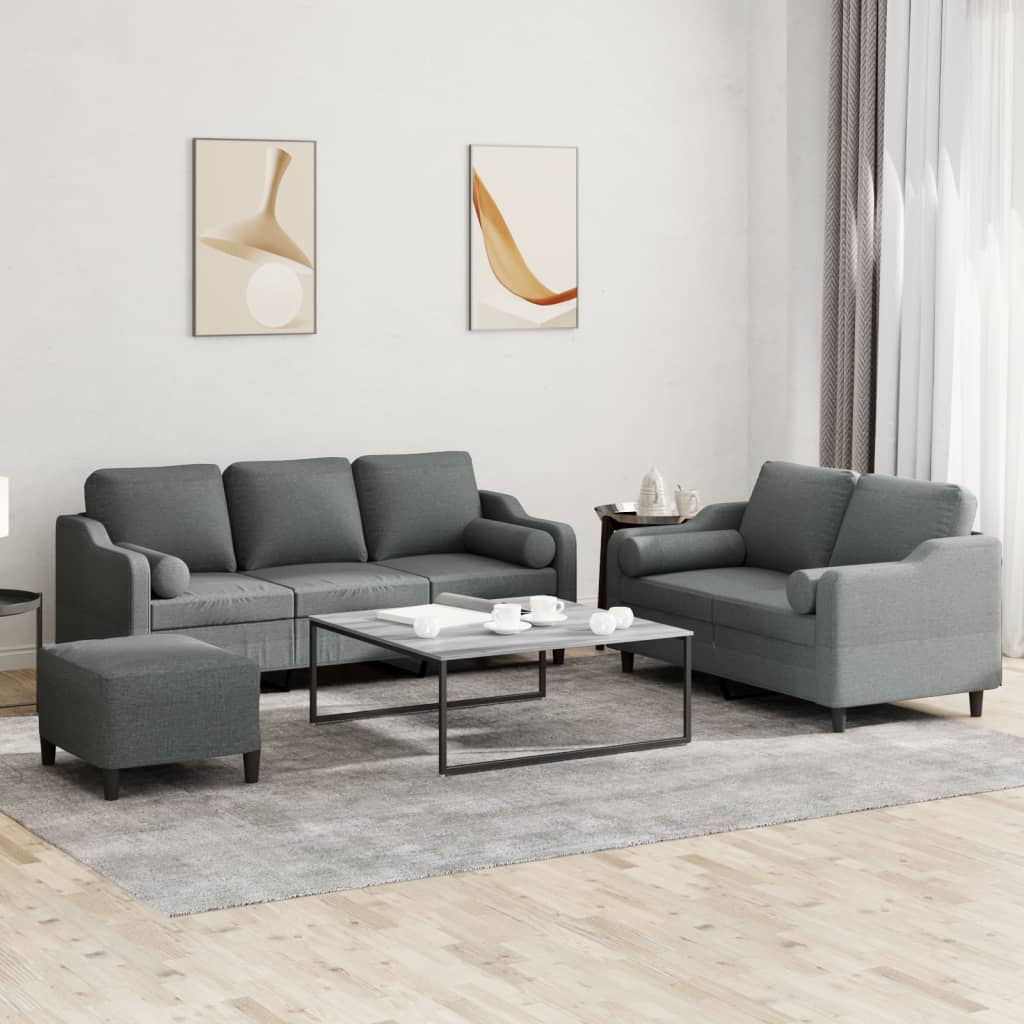 Sofasæt 3 dele i stof med fodskammel og puder - mørkegrå