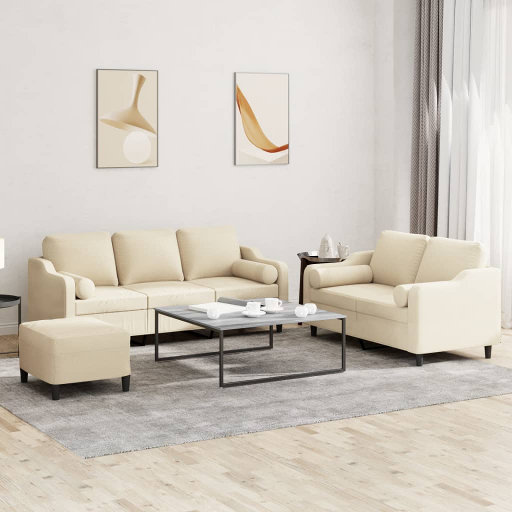 vidaXL Set de canapele cu perne, 3 piese, crem, textil