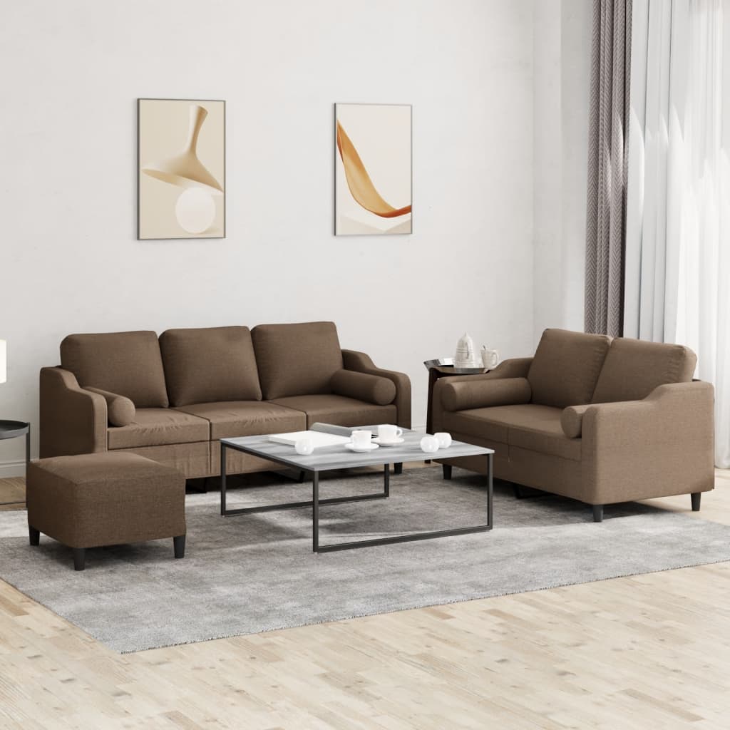 Sofasæt i stof 3 dele med fodskammel - brun